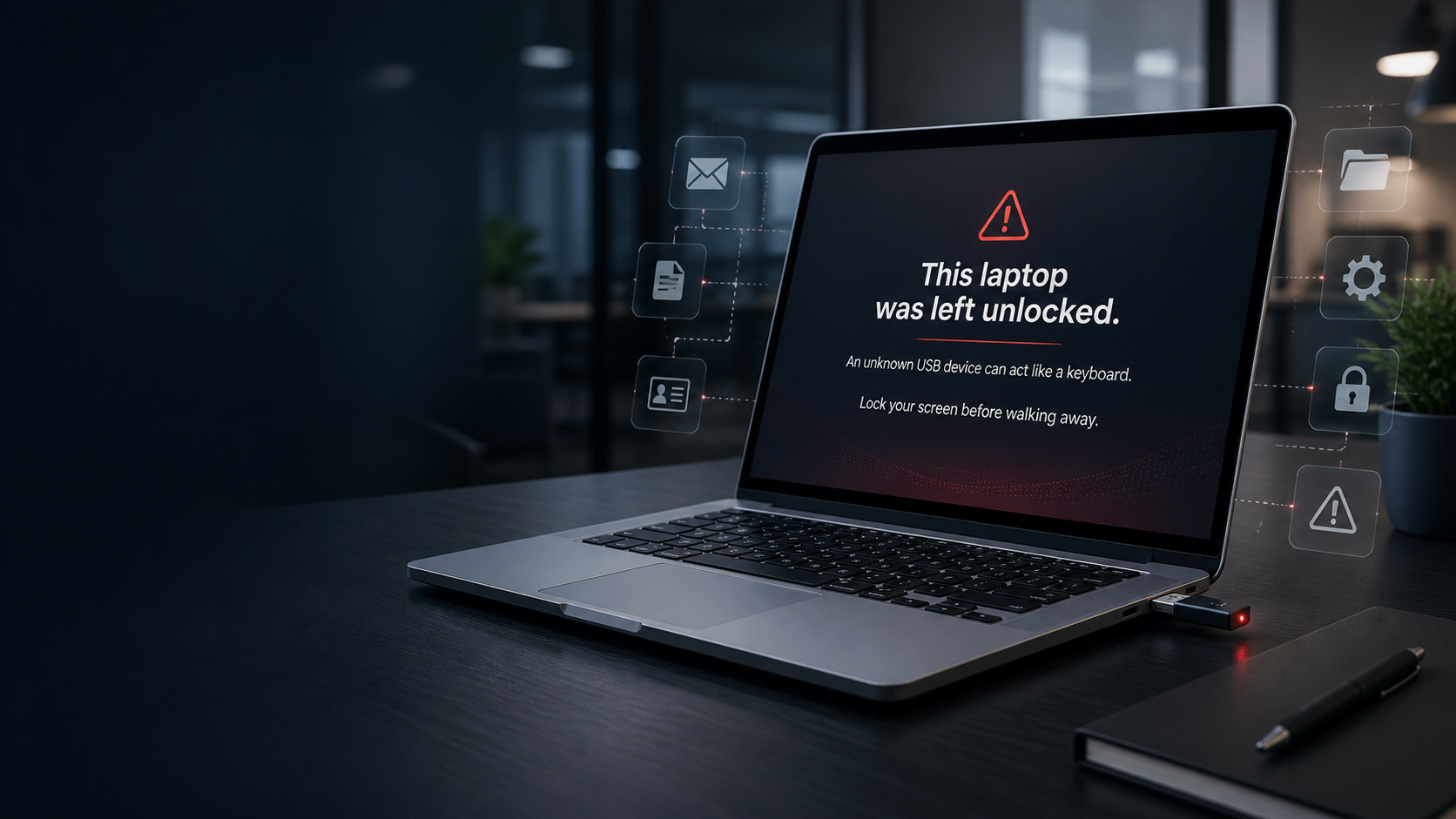 Unlocked device with a warning about an unknown USB device acting as a keyboard